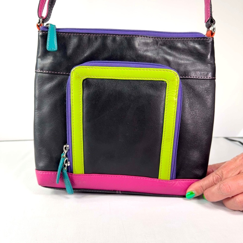 ili New York Leather Crossbody Purse Black Pink Green RFID Colorblock Handbag